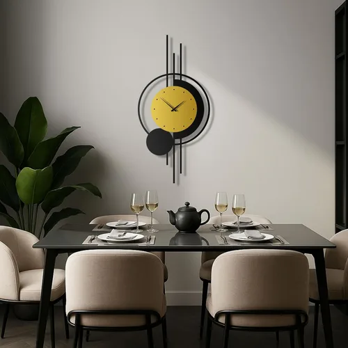 Vista 3 de pluviart Reloj de pared geométrico dorado y negro, reloj de metal silencioso grande, arte de pared moderno de mediados de siglo para sala de estar