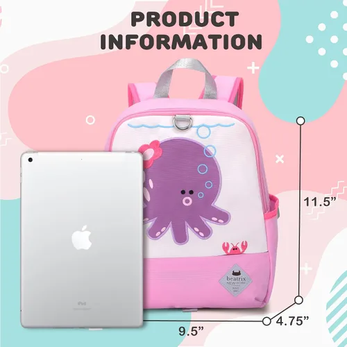 Vista 5 de BEATRIX NEW YORK - Mochila de 11 pulgadas con correa extraíble para niñas y niños, ideal para preescolar y jardín de infantes, Rosa-Pulpo, 24 x 11 x