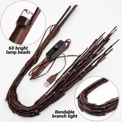 Vista 6 de KXCOFTXI Paquete de 3 ramitas de luces, ramas preiluminadas, luces de ramas con enchufe USB con 60 bombillas LED, luces decorativas románticas