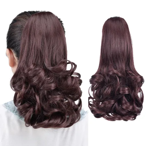 Vista 27 de Extensiones de cola de caballo, extensiones de cabello de cola de caballo con clip de garra marrón oscuro para mujer, pieza de cabello rizado