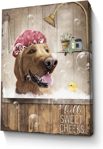 Vista 12 de Bonito oso para decoración de baño, arte de pared divertido con estampado de oso de casa de campo, pintura decorativa de pared enmarcada moderna