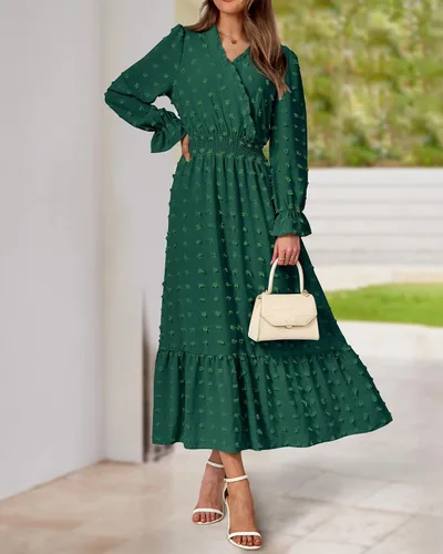 Vista 8 de BTFBM Vestidos de otoño 2023 para mujer, manga larga, cuello en V, lunares suizos, vestido largo bohemio, vestido largo de cintura alta, vestido