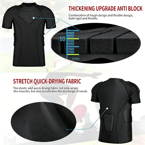 Vista 3 de TUOY New Football Rib Chest Protector Shirt Padded Compression Shirts 6 Pads Adult Sizes Dark Black