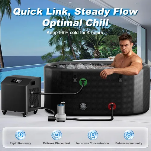 Vista 2 de Bañera fría ovalada de 216 galones – Bañera de hielo inflable XXL con tapa aislada, compatible con enfriador de baño de hielo, bañera portátil