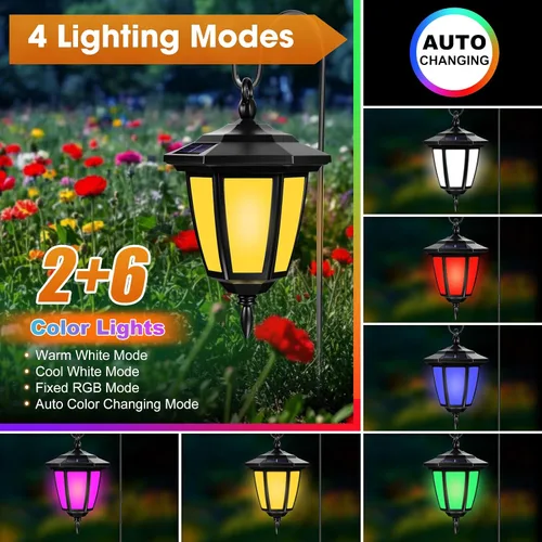 Vista 2 de Luces Colgantes Solares de 34 Pulgadas, Luces de Gancho de Pastor con 4 Modos de Iluminación, Impermeables, Luces de Linterna Solar Decorativas