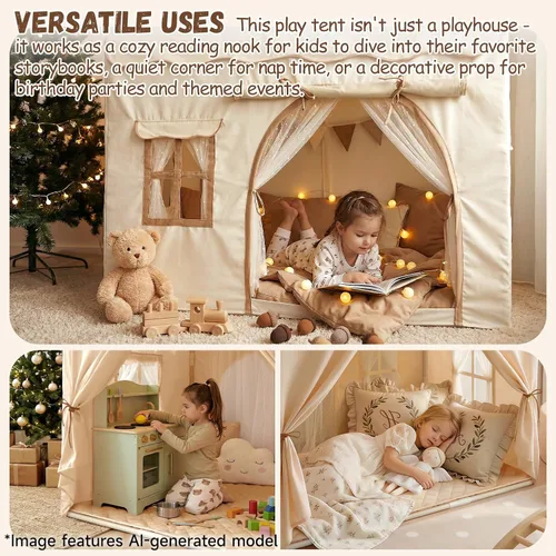 Vista 4 de Tienda de campaña para niños con doble puerta castillo de juegos para niños - Beige Kids Tent with Mat, Two Doors Fantasy Adventure Play House for
