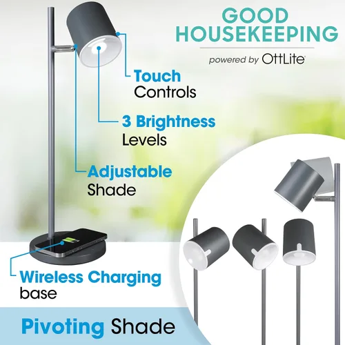 Vista 2 de OttLite Good Housekeeping - Lámpara de escritorio LED moderna, carga inalámbrica, color gris Los LED ClearSun reducen la fatiga ocular Regulable