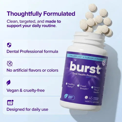 Vista 5 de Burst Probióticos dentales (45 unidades) Probióticos orales para dientes y encías Sistema inmunológico y apoyo sinusal Promueve la salud