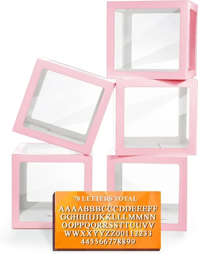 Vista 16 de Ledido - Cajas de globos transparentes con 60 letras y números para nombre personalizado 4 PCS Black Clear Baby Balloon Boxes Blocks Backdrop for