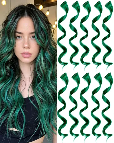 Vista 15 de 10 extensiones de cabello sintético rizado y ondulado negro con clip, reflejos de fiesta de neón arcoíris, accesorios de cabello coloridos