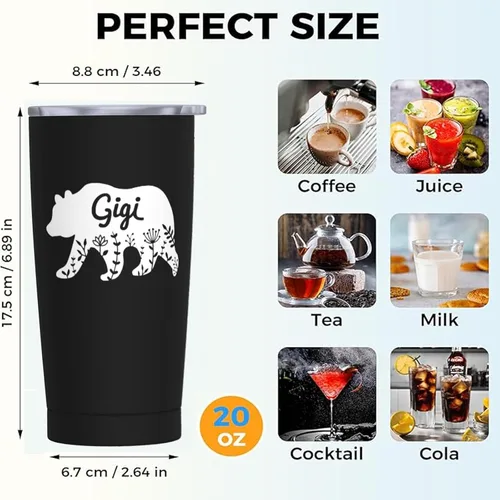 Vista 3 de Gigi Bear Floral 20 OZ Tumbler, Travel Coffee Mug, Cool Present For Nana On Birthday, Mothers Day, Christmas, Valentine Day