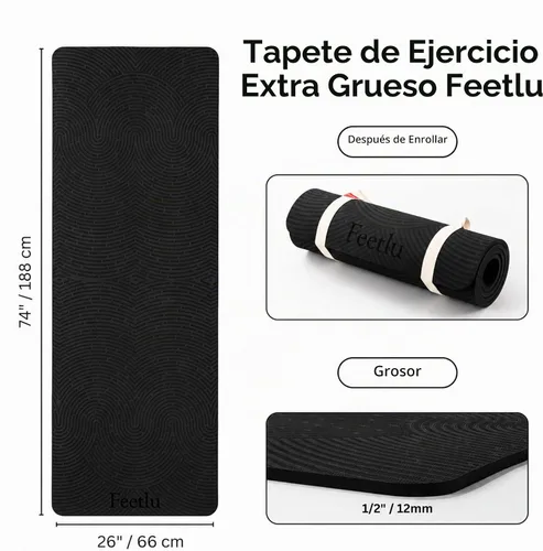 Vista 2 de Extra Thick 12mm Exercise Mat, 74" x 26", Non-Slip with a Yoga Strap