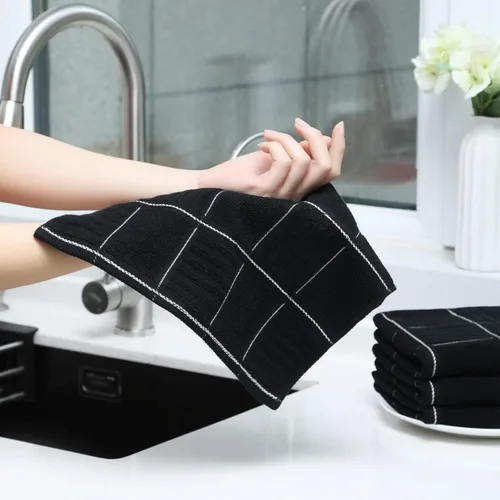 Vista 4 de Juego de toallas y paños de cocina Glynniss, juego de toallas y paños de cocina absorbentes para lavar platos, limpieza y secado, paquete de 8 Negro