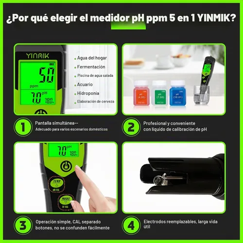 Vista 6 de Probador de Sal para Piscina, Medidor Digital 5 en 1 de pH, TDS, EC y Salinidad con Kit de Solución de Calibración, Visualización Simultánea de ppm