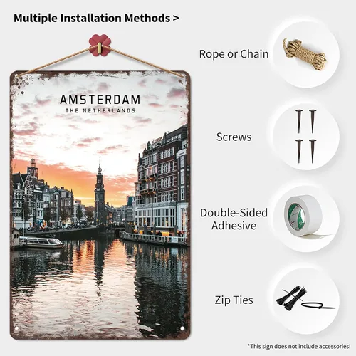 Vista 3 de Amsterdam Nl - Letrero de metal con diseño de paisaje de ciudad, retro, para hombre, cueva, bar, garaje, habitación, calle, decoración de pared, 8 x