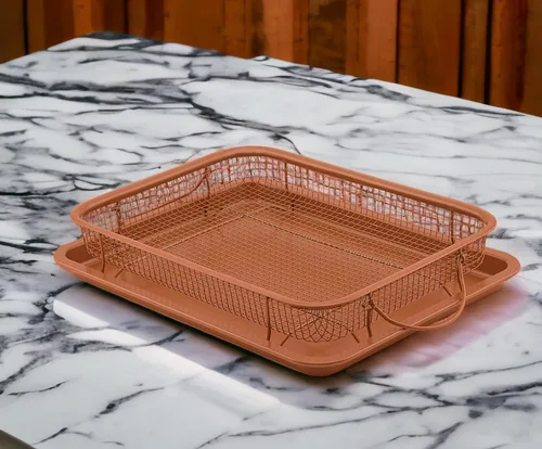 Vista 4 de Baking with G&S - Cesta antiadherente para verduras con bandeja para hornear, cobre, juego de 2 piezas, duradera y fácil de usar