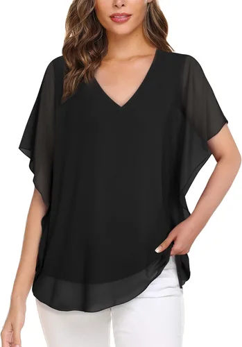 Vista 2 de Lotusmile Camisa holgada de gasa de doble capa con volantes y mangas con volantes para mujer