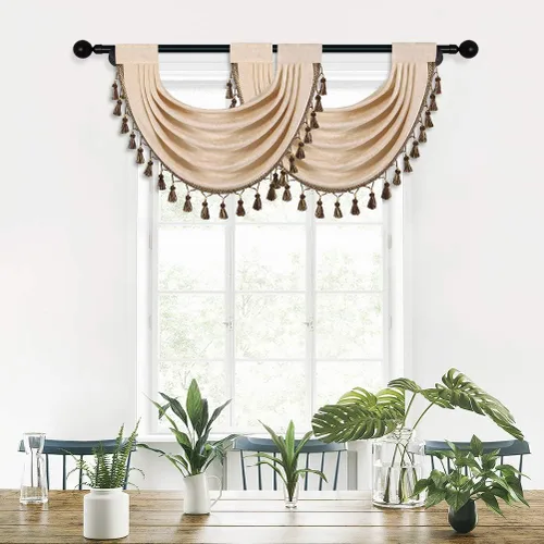 Vista 2 de ELKCA Cenefa Swag de Cascada de Chenilla Gruesa Beige para Sala de Estar Cortinas de Cenefa Pequeñas para Cocina, Paquete de 1