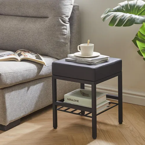 Vista 2 de IBUYKE Taburete de maquillaje cuadrado con pies ajustables y espacio de almacenamiento, silla reposapiés, asiento de tocador de PU, multiusos como