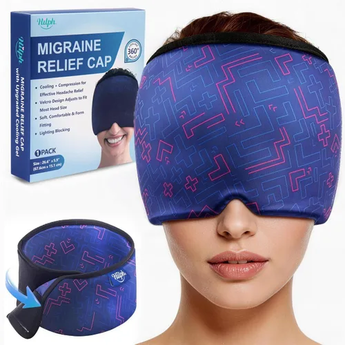 Vista 8 de Hilph Gorra ajustable para aliviar la migraña con compresa fría de gel grueso, gorra para aliviar el dolor de cabeza, máscara de enfriamiento facial