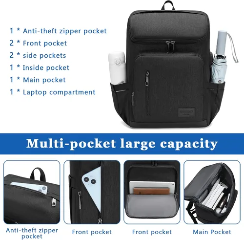 Vista 2 de YALUNDISI - Mochila vintage con puerto de carga USB para mujeres y hombres para laptop y viajes, Negro, 15,6 pulg.
