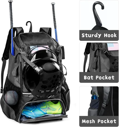 Vista 3 de Mochila de béisbol para jóvenes, niños, adultos, bolsa de equipo de bate y sóftbol con soporte para guantes, casco, compartimento para zapatos