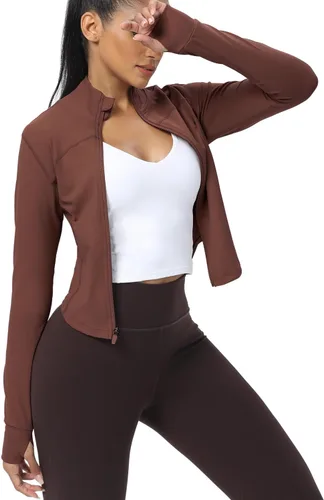 Vista 18 de AVGO Chaquetas de entrenamiento recortadas para mujer, con cremallera, ajustadas, atléticas, con agujeros para el pulgar