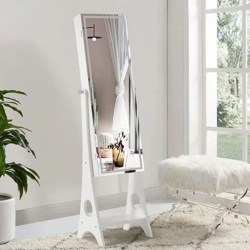 Vista 3 de Armario de almacenamiento de joyas con luz LED independiente, espejo de tocador iluminado de longitud completa con baúl de joyería integrado