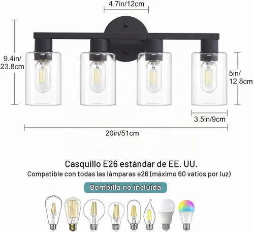 Vista 3 de Lámpara de tocador de baño de 4 luces, lámparas de baño negro mate con pantalla de vidrio transparente, 4 luces de tocador, accesorios