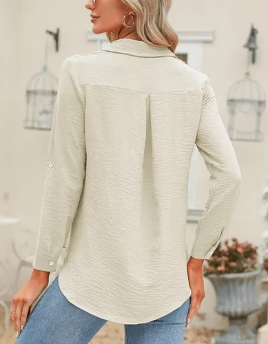 Vista 61 de Odosalii - Camisas con botones para mujer, con cuello en V, manga larga, enrolladas, blusas elegantes y formales para negocios y ocasiones casuales