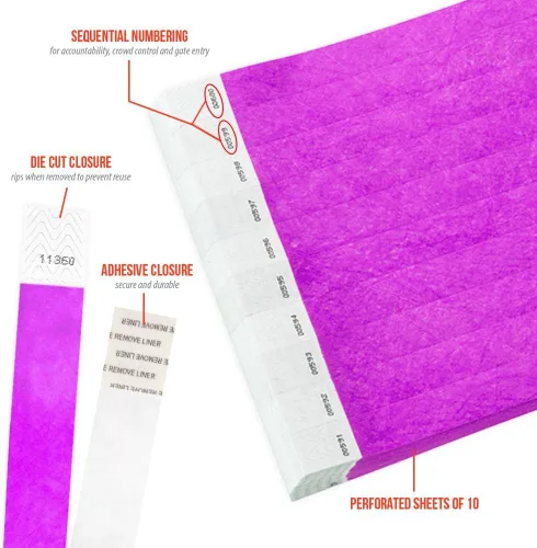 Vista 2 de 100 pulseras Tyvek moradas Pantone de WristCo para eventos - Pulseras de papel cómodas resistentes a desgarros, bandas de identificación para muñeca