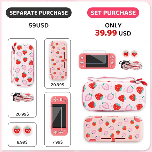 Vista 6 de RHOTALL Funda de transporte para Nintendo Switch Lite, bonita funda de accesorios para Switch Lite con carcasa protectora de TPU, correa de hombro