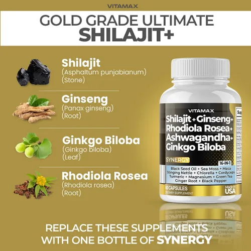 Vista 2 de Vitamax Suplemento puro de shilajit del Himalaya, musgo marino, ashwagandha, vejiga, gingko biloba, cápsulas orgánicas y oligoelementos minerales
