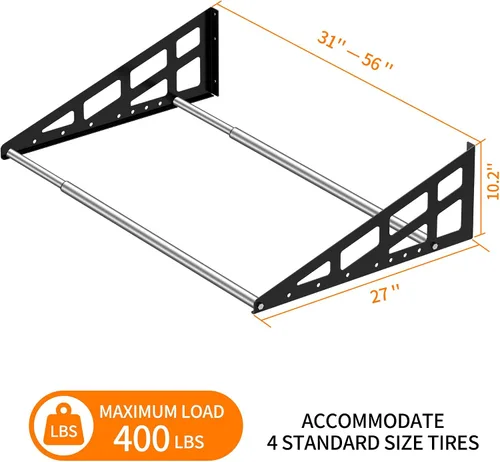 Vista 3 de Soporte de pared para neumáticos, resistente y ajustable de 31 a 56 pulgadas, estantes de ruedas para garaje con varillas telescópicas, garaje