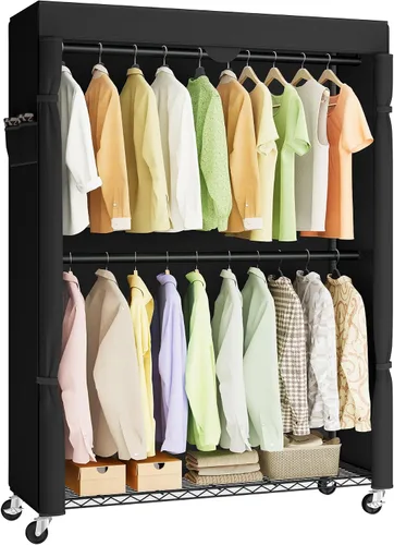 Vista 10 de SONGMICS ULGR418BH01 - Perchero de ropa con ruedas rodantes, con estantes de malla ajustables y rieles para colgar, ganchos, 15.8 x 35.4 x 78.3