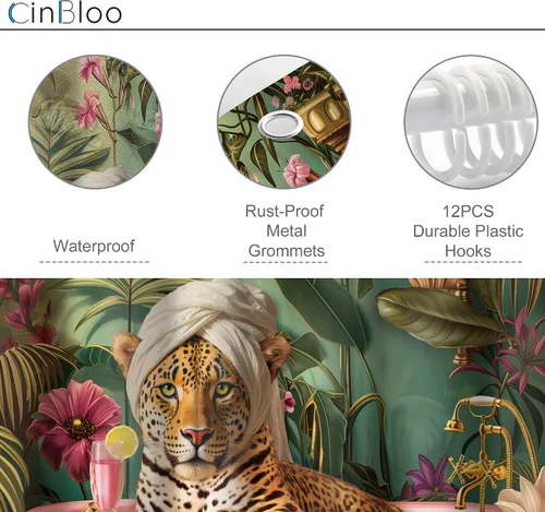 Vista 6 de Juego de cortina de ducha de baño con diseño de leopardo y guepardo rosa A-01pink leopardo verde