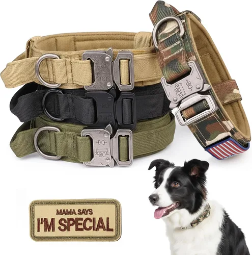 Vista 8 de KCUCOP Collar táctico para perro, collar militar con asa, collar K9 grueso, ajustable, resistente, para perros grandes y medianos (negro, L)