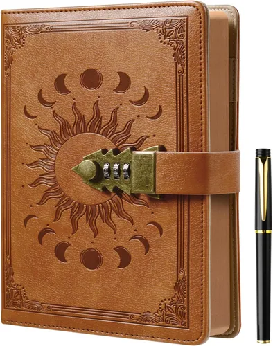 Vista 9 de ZXHQ Diario A5 con candado, 120Gsm 224 Páginas Diario con Cerradura, Juego de Bolígrafos, Borde Marrón, Rellenable, Tapa Dura de Cuero, Bolsillo