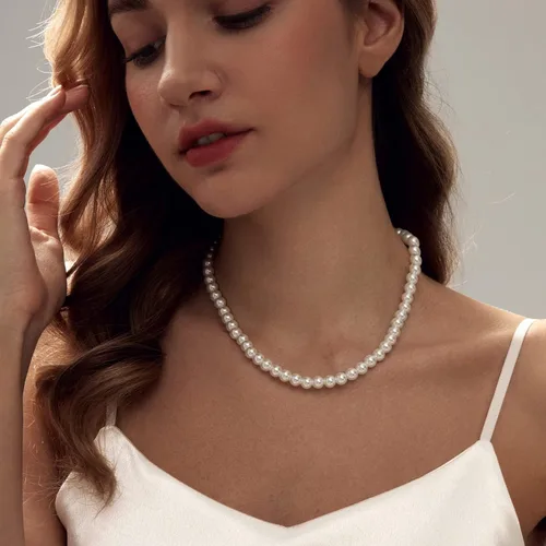 Vista 3 de Pearl Necklace 8MM Dainty Round Imitation Pearl Necklace Wedding Pearl Necklace Delicate Jewelry for Women Simple Bridesmaid Jewelry Gifts