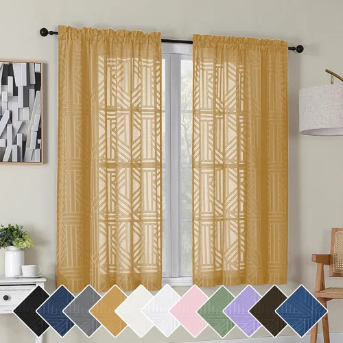 Vista 17 de Simplebrand Cortinas traslúcidas negras de cocina de 24 pulgadas de largo, 2 paneles, filtrado de luz, geométrico jacquard con textura, cortinas