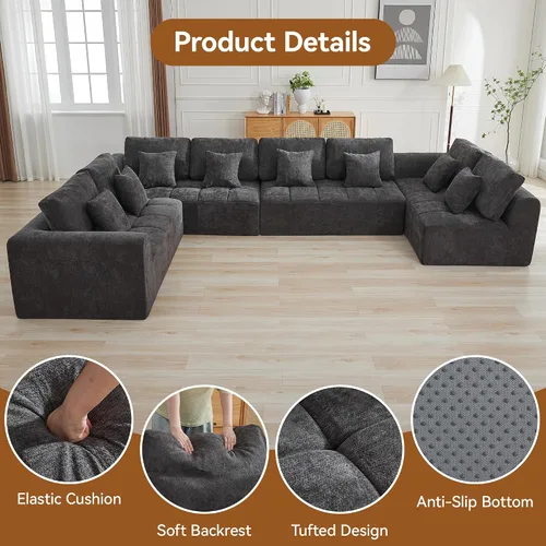 Vista 110 de Sofás seccionales modulares de 110 pulgadas para sala de estar, sofá seccional comprimido sin hueso, sofá de espuma viscoelástica tapizado de 3 Beige