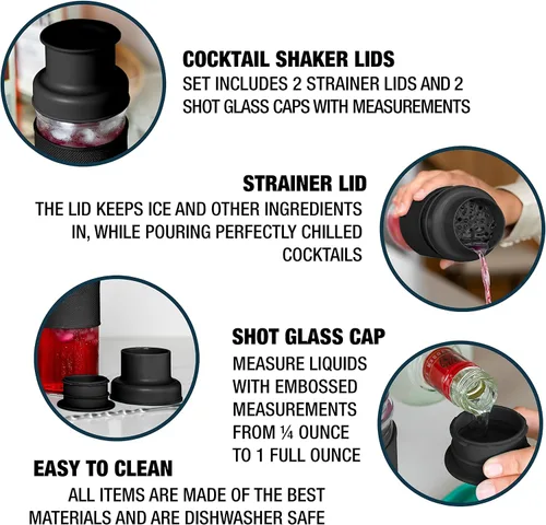 Vista 3 de Masontops Tapas para coctelera, compatibles con cualquier tarro Mason de boca regular, paquete de 2 con tapas jigger de 1 oz, color negro Tapas
