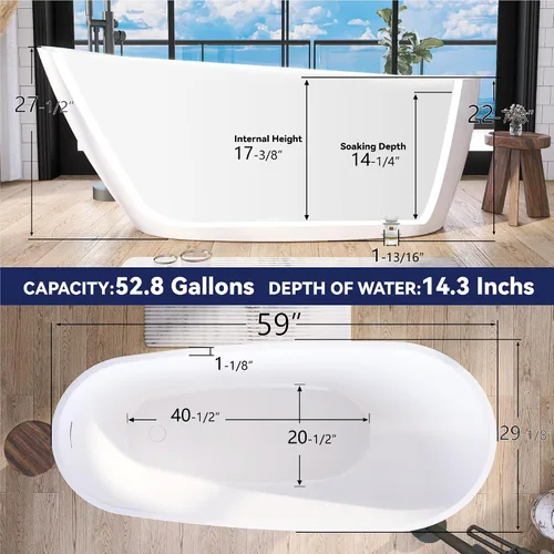 Vista 5 de Bañera independiente de acrílico de 59", bañera independiente, bañera exenta, bañera de remojo, certificado cUPC, CM (blanco brillante)