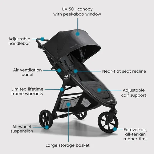 Vista 7 de Baby Jogger Carriola City Mini GT2 para todo terreno, color negro, completa con asa ajustable, freno de estacionamiento manual y adaptador