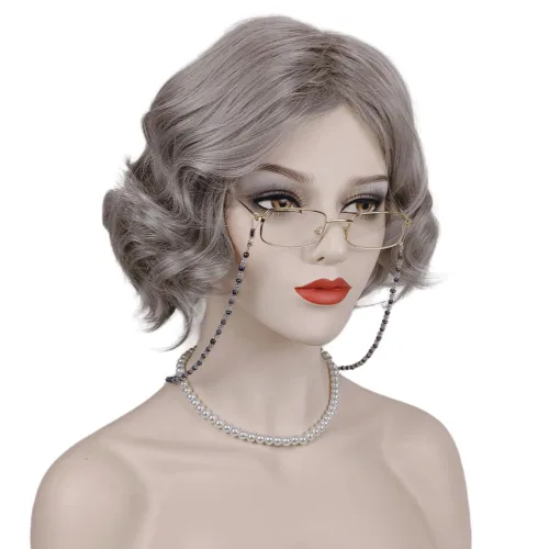 Vista 3 de Juego de peluca y accesorios de abuelita de anciana, peluca corta gris para disfraz de abuela de Halloween