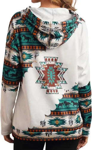 Vista 5 de Lanaoree Sudadera con capucha para mujer, estilo étnico occidental, estampado azteca, vaquera, rombos