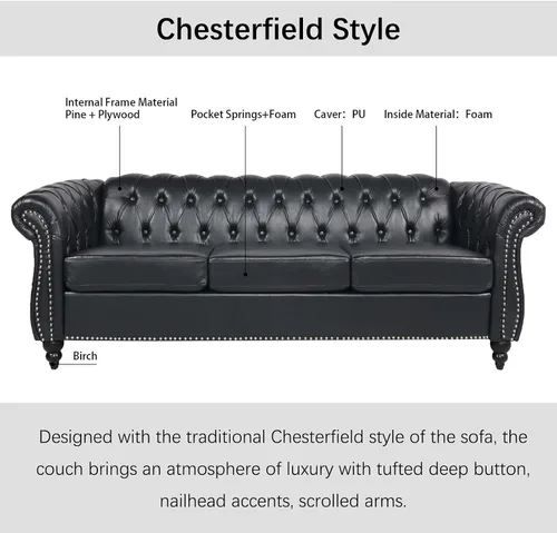 Vista 3 de 84.65" Scroll Arms Chesterfield Sofa PU Leather 3 Seater Couch with Soft Seating Cushions, Modern Style 3-seat Sofa for Living Room Office Apartment