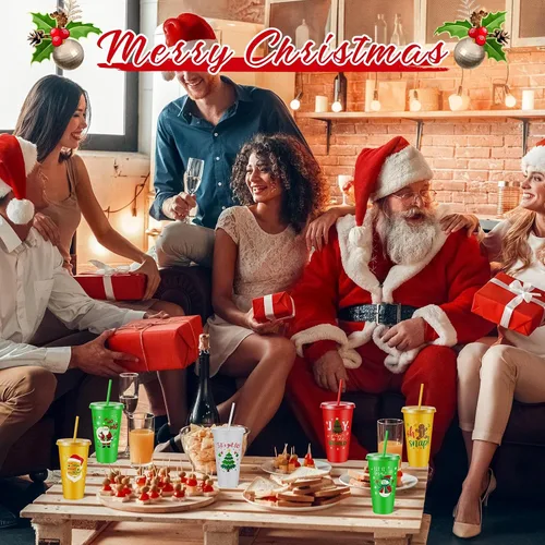 Vista 5 de 32 vasos de plástico de Navidad con tapas y pajitas de 24 onzas, reutilizables, para fiestas de Navidad, vasos de plástico para suministros