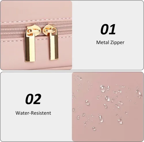 Vista 6 de E-Tree Bolsa de maquillaje de piel sintética para mujer, organizador de cosméticos de viaje con doble cremallera, bolsa de aseo pequeña impermeable