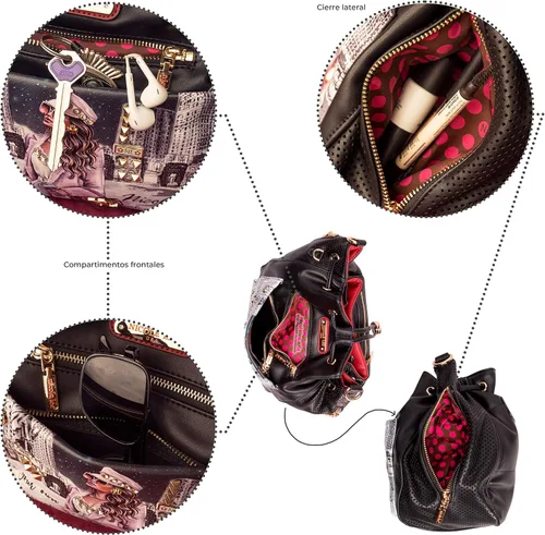 Vista 3 de Nicole Lee Sara is - Bolsa pequeña suave pero fuerte, cordón tachonado con diamantes negros y correa cruzada, 8 bolsillos, Sara es suave pero fuerte